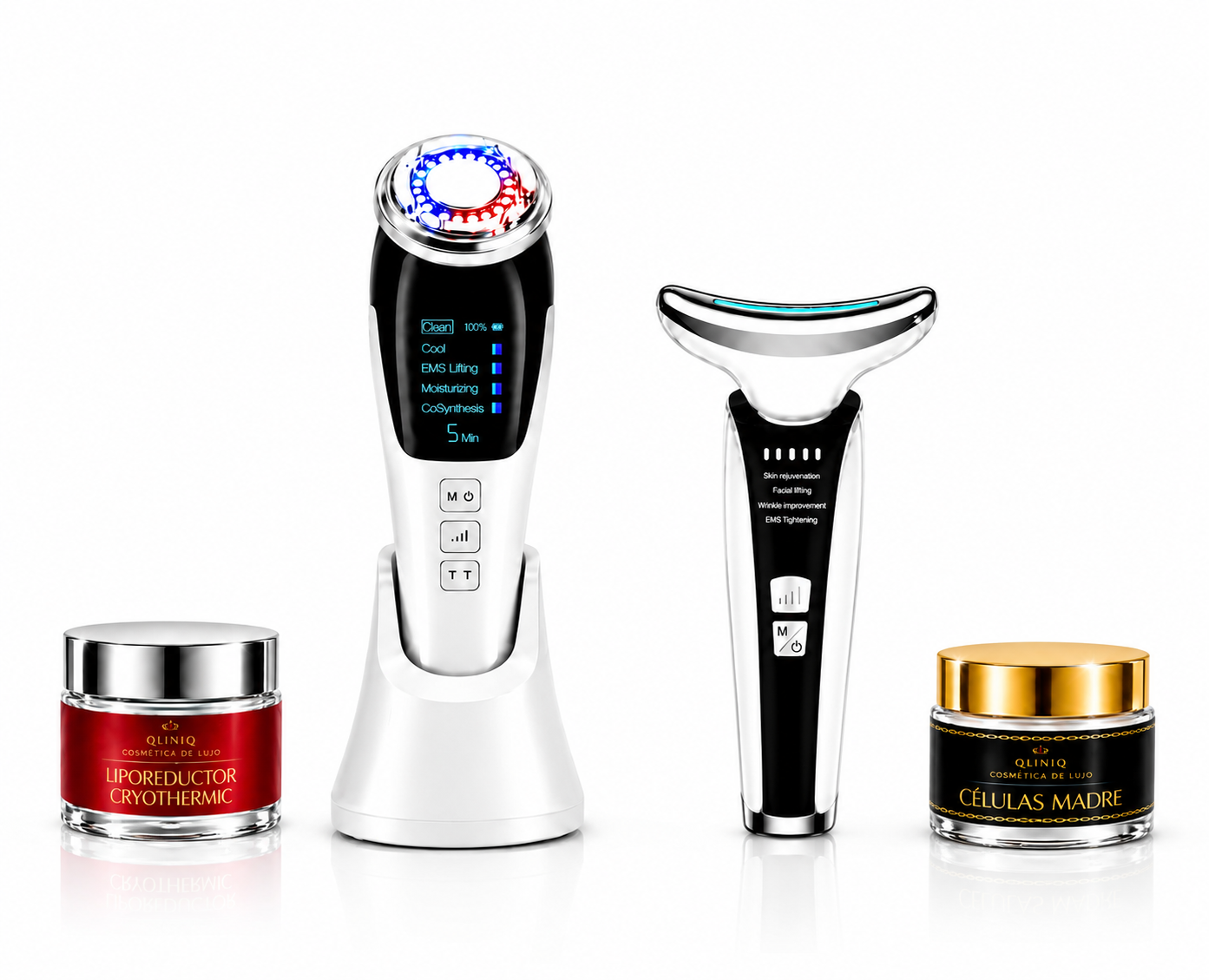 Lote 4 pz Rejuvenecedor Facial y Retensador de Cuello EMS + Iones + Fototerapia + Cremas Drakefor DKF-QLINIQ DUPLO