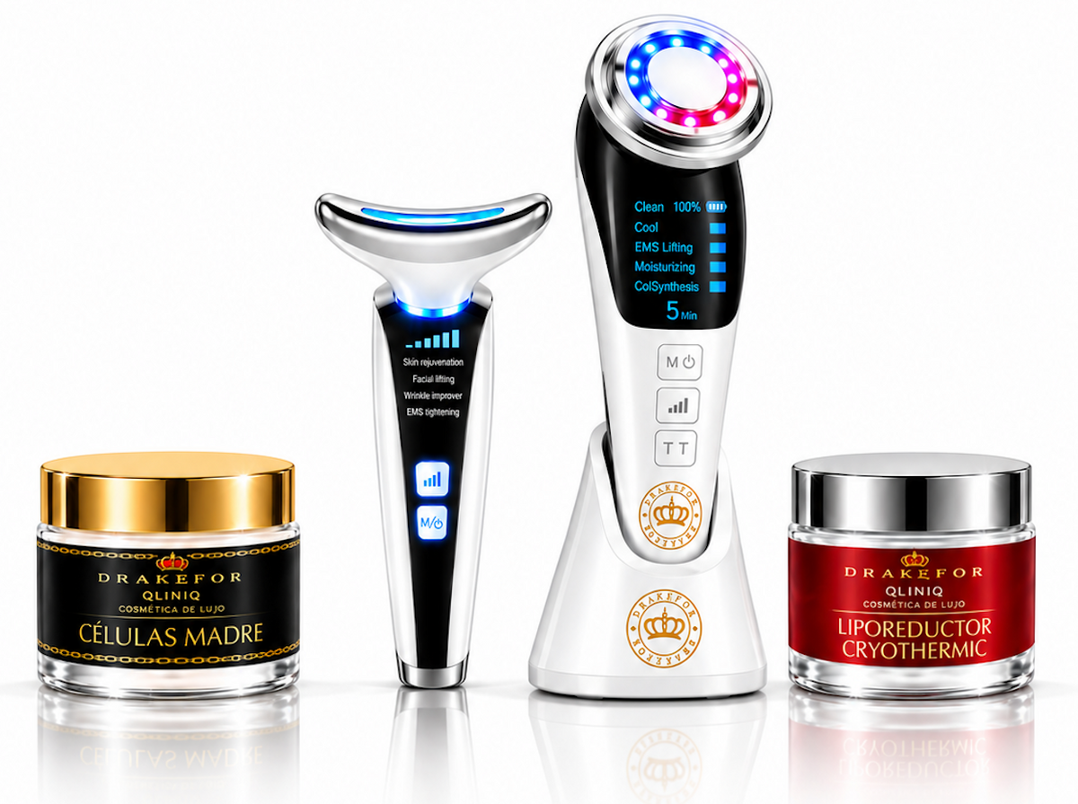 Lote 4 pz Rejuvenecedor Facial y Retensador de Cuello EMS + Iones + Fototerapia + Cremas Drakefor DKF-QLINIQ DUPLO