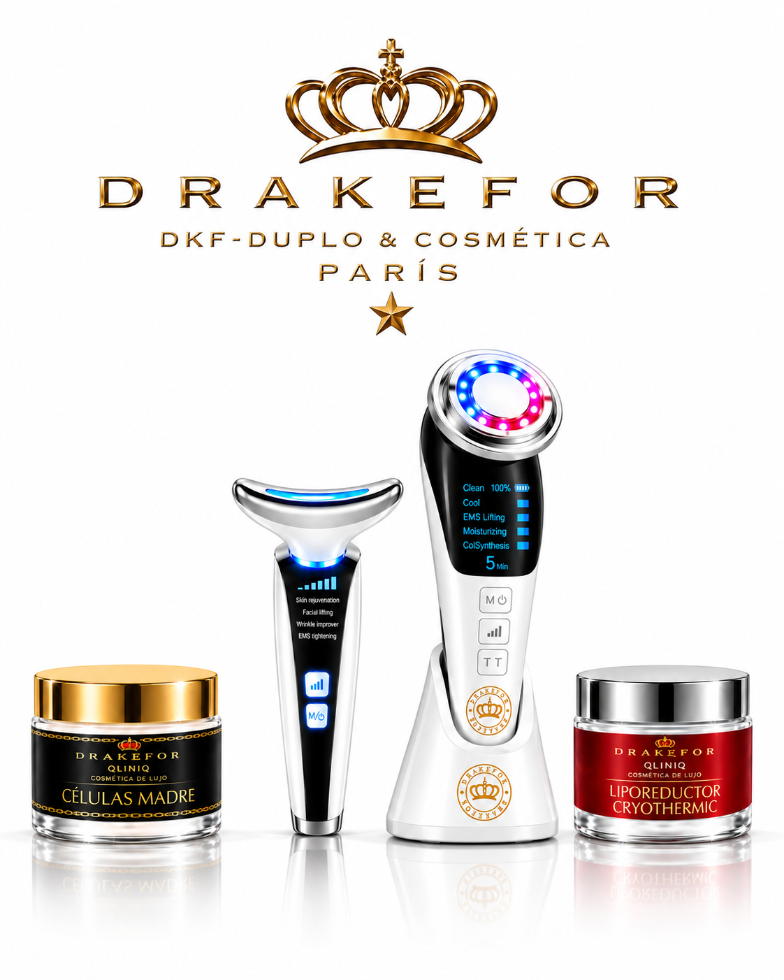 Lote 4 pz Rejuvenecedor Facial y Retensador de Cuello EMS + Iones + Fototerapia + Cremas Drakefor DKF-QLINIQ DUPLO