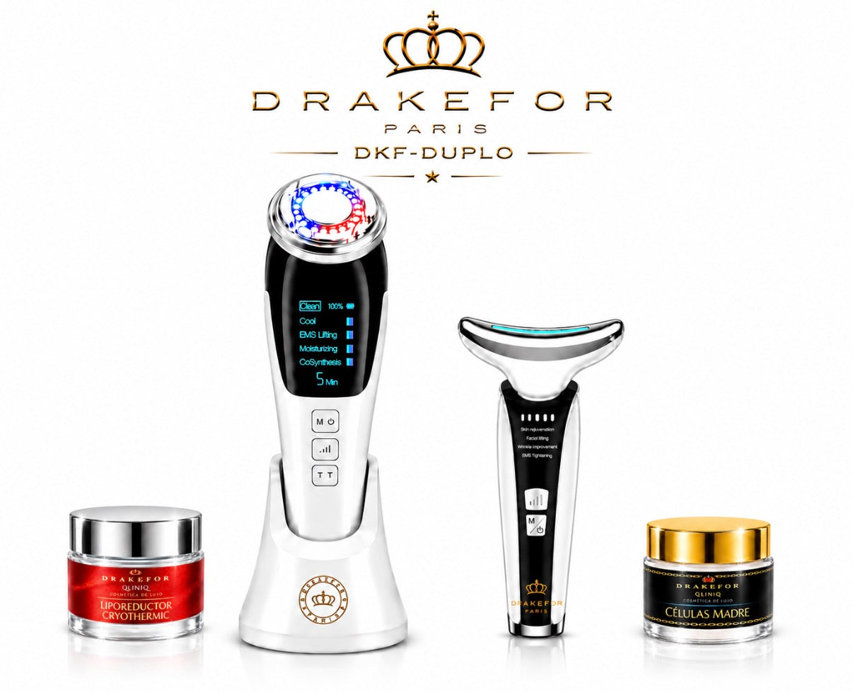 Lote 4 pz Rejuvenecedor Facial y Retensador de Cuello EMS + Iones + Fototerapia + Cremas Drakefor DKF-QLINIQ DUPLO