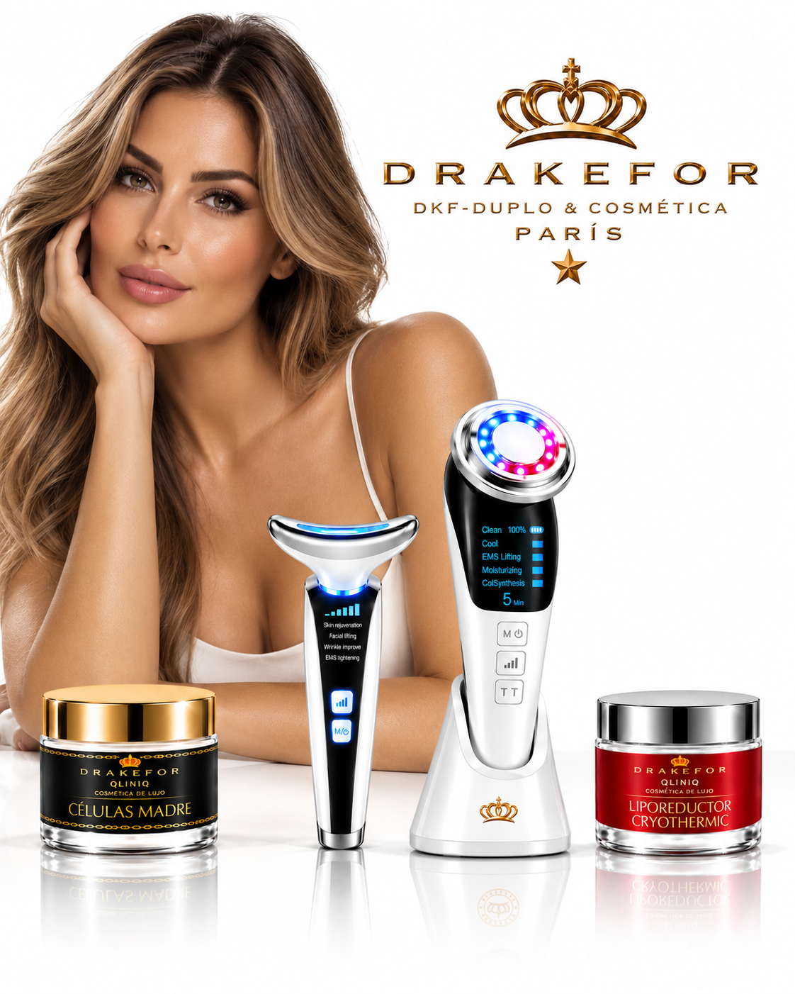 Lote 4 pz Rejuvenecedor Facial y Retensador de Cuello EMS + Iones + Fototerapia + Cremas Drakefor DKF-QLINIQ DUPLO