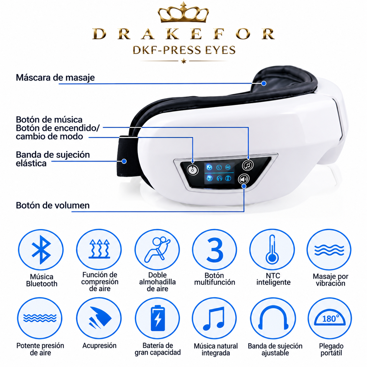 DKF-MASK PRESS IA relaxation glasses for facial-eye pressotherapy, Bluetooth music and Drakefor heat