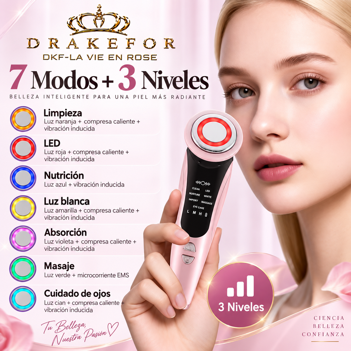 Dispositivo de belleza , limpieza ,lifting Facial y SPA EMS 7 en 1 DKF- LA VIE EN ROSE