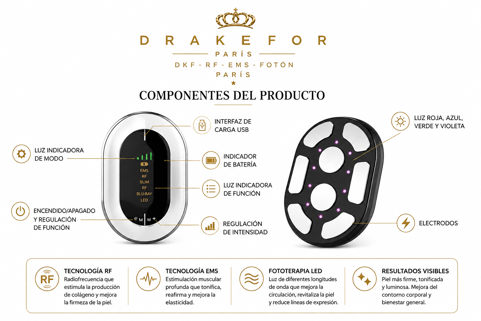 Dispositivo Anticelulítico RF + EMS + Fotón Corporal | Drakefor DKF Anti Celulítico
