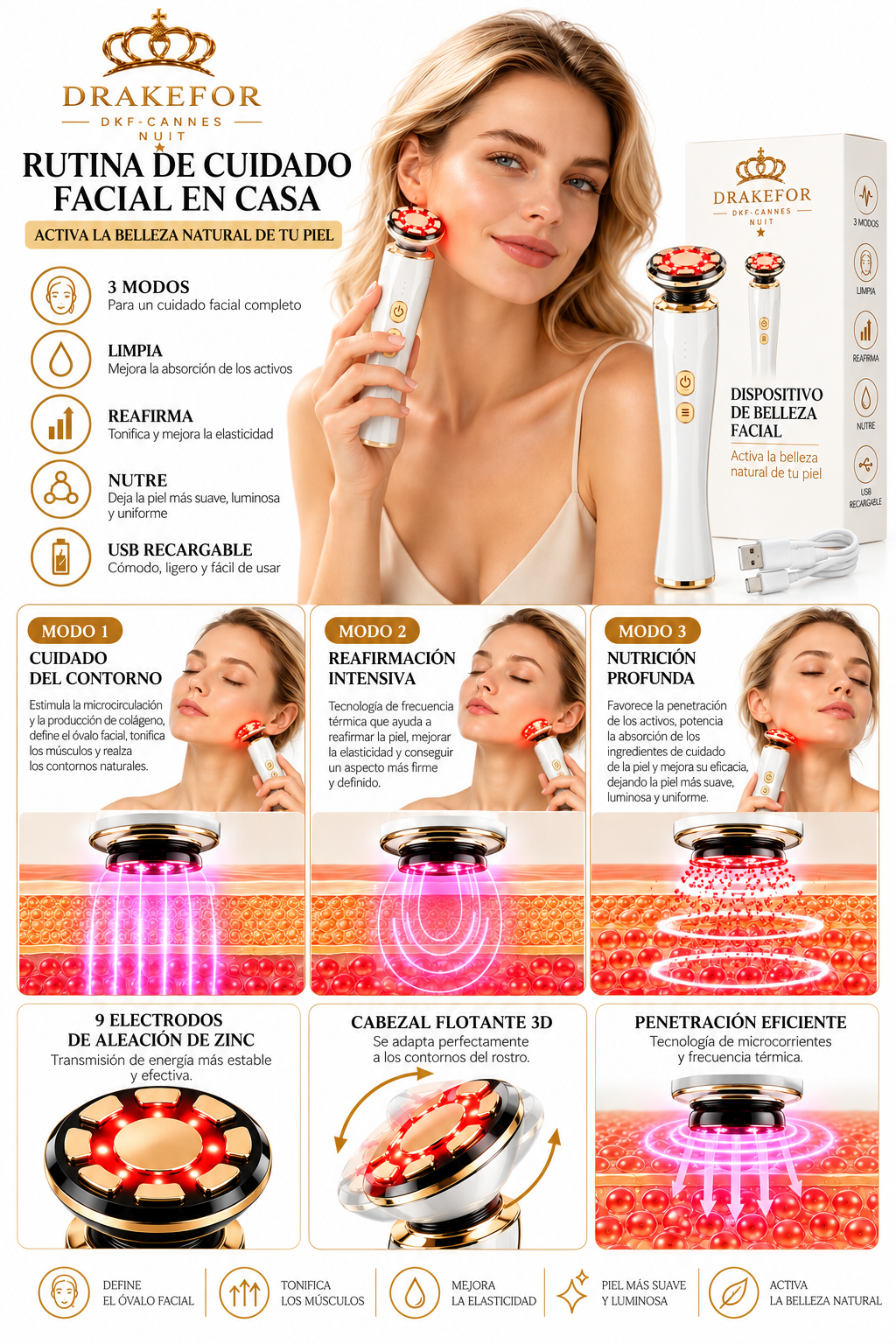 Dispositivo Facial de Microcorrientes con Cabezal 3D Drakefor Cannes Côte d’Azur