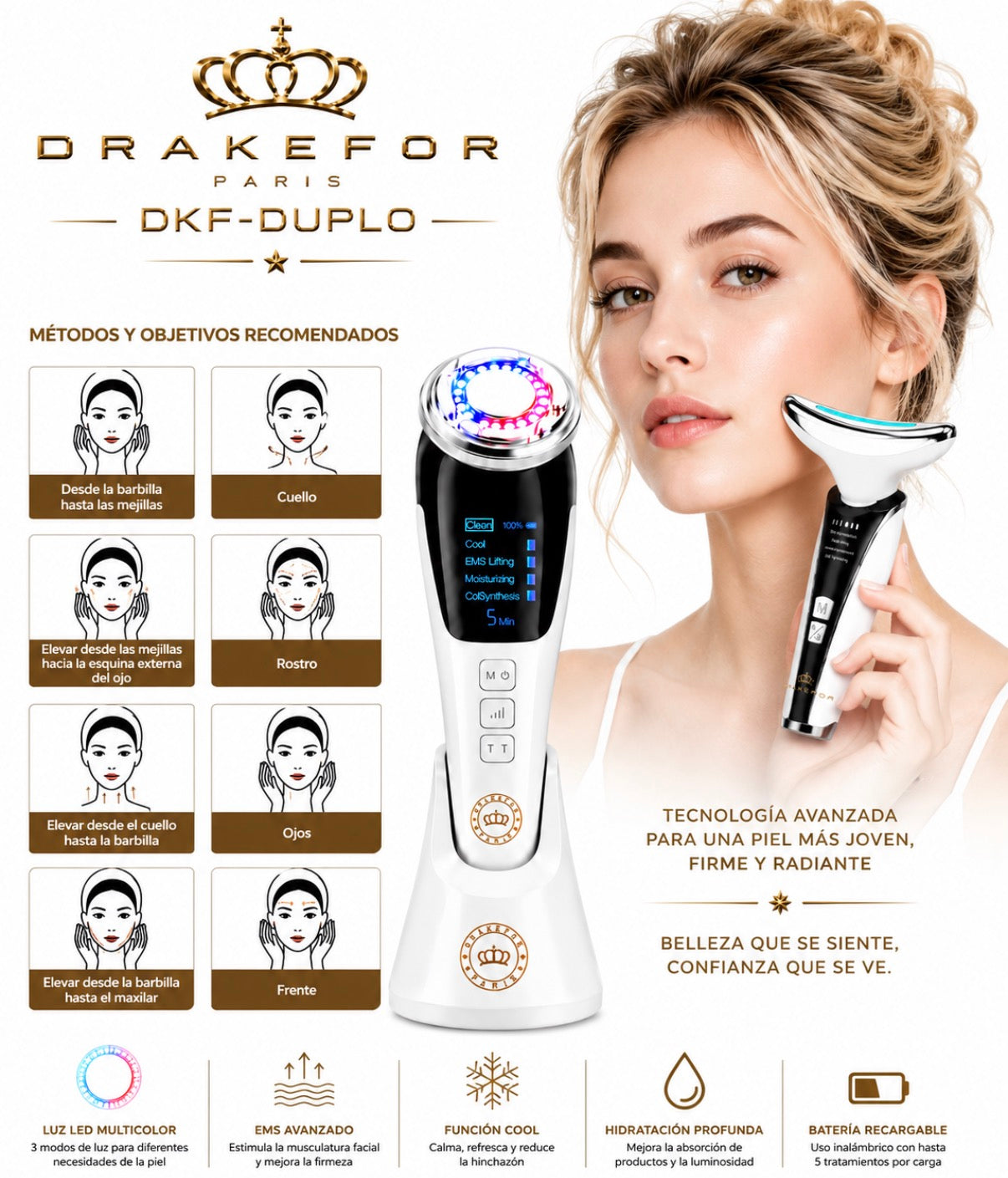 Lote 4 pz Rejuvenecedor Facial y Retensador de Cuello EMS + Iones + Fototerapia + Cremas Drakefor DKF-QLINIQ DUPLO
