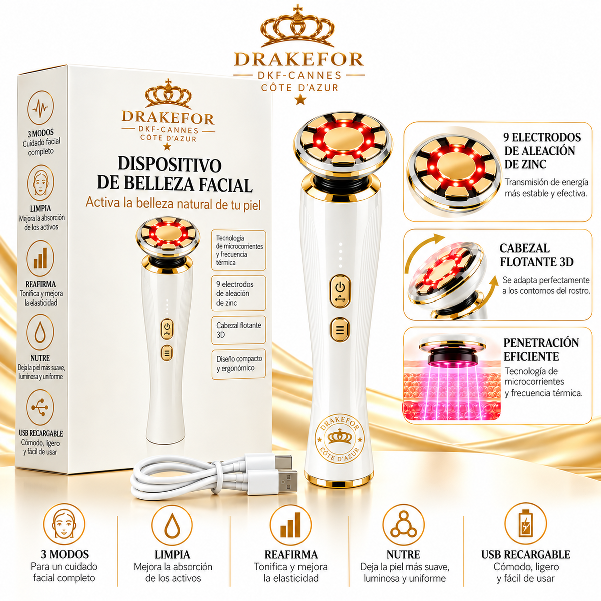 Dispositivo Facial de Microcorrientes con Cabezal 3D Drakefor Cannes Côte d’Azur