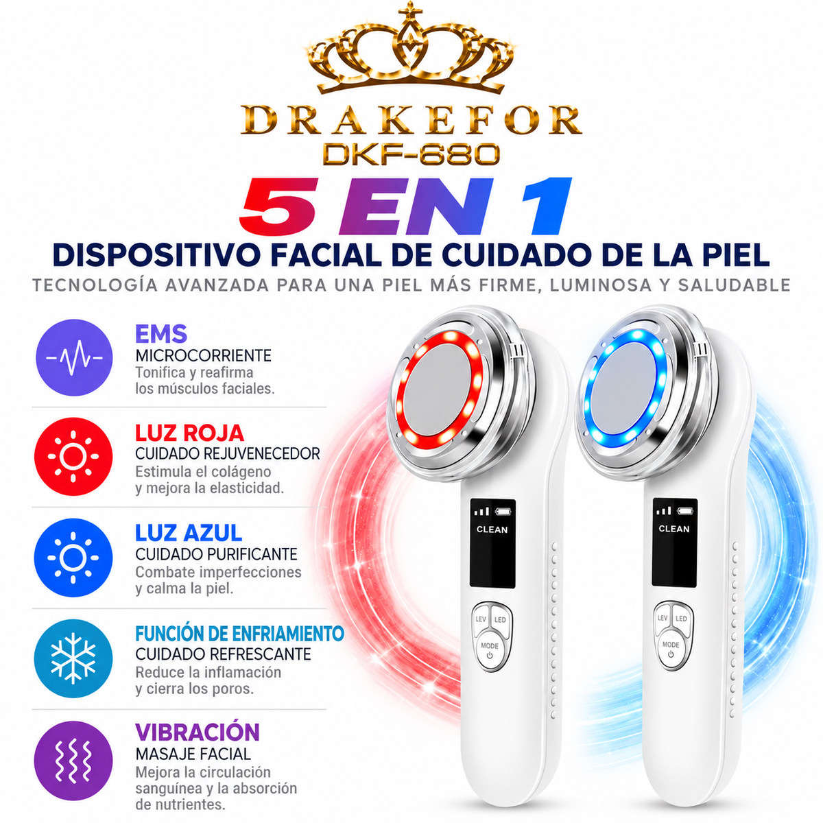 Dispositivo facial 5 en 1 con EMS y LED Drakefor DKF-680 |