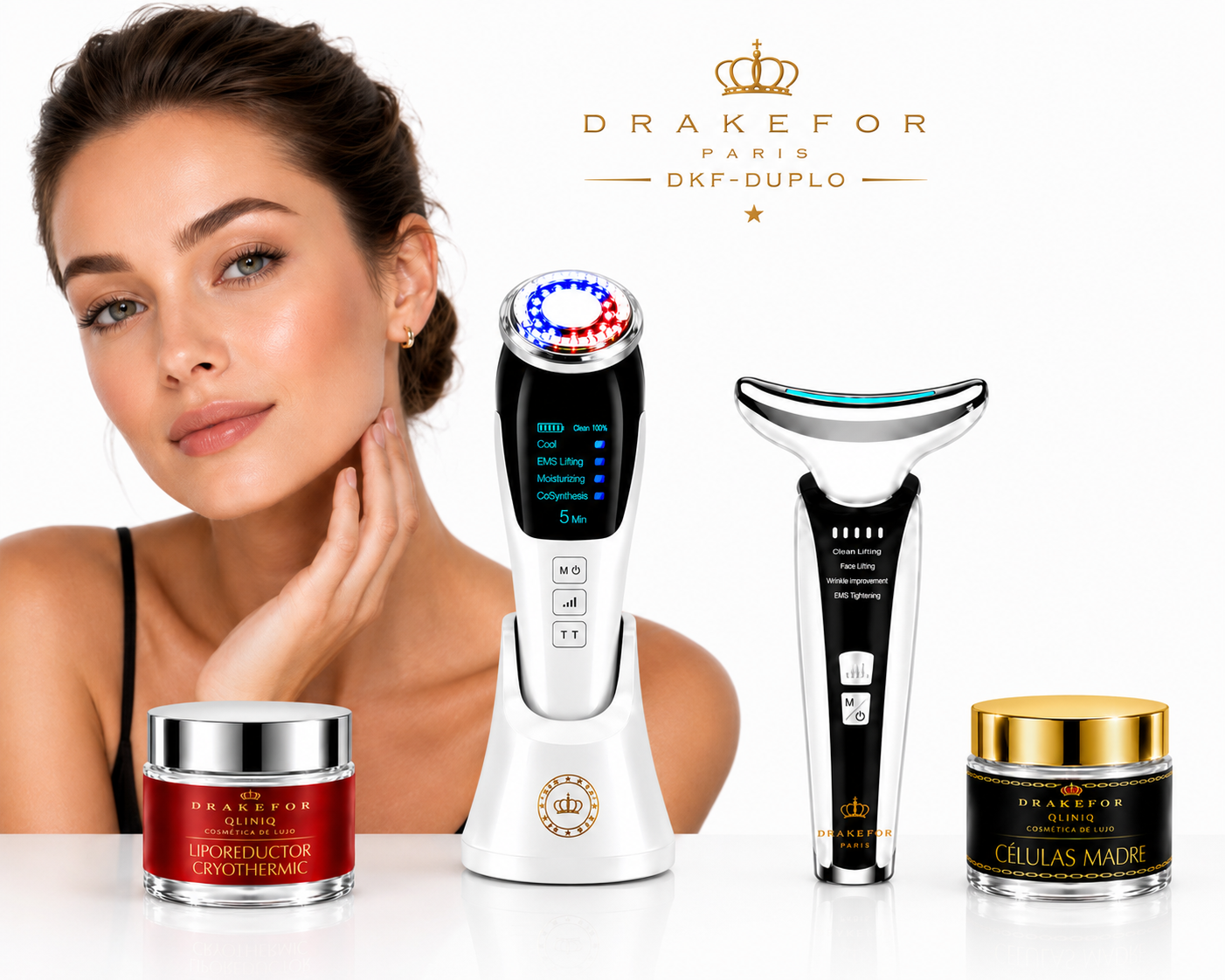 Lote 4 pz Rejuvenecedor Facial y Retensador de Cuello EMS + Iones + Fototerapia + Cremas Drakefor DKF-QLINIQ DUPLO