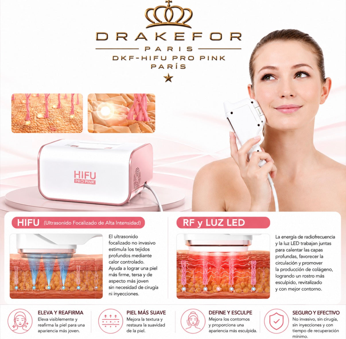 Máquina Profesional de Rejuvenecimiento Facial HIFU Drakefor DKF-HIFU SEMI PRO PINK