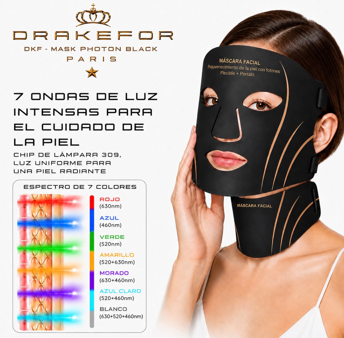 Máscara Fotónica LED de 7 Colores para Rostro y Cuello Drakefor