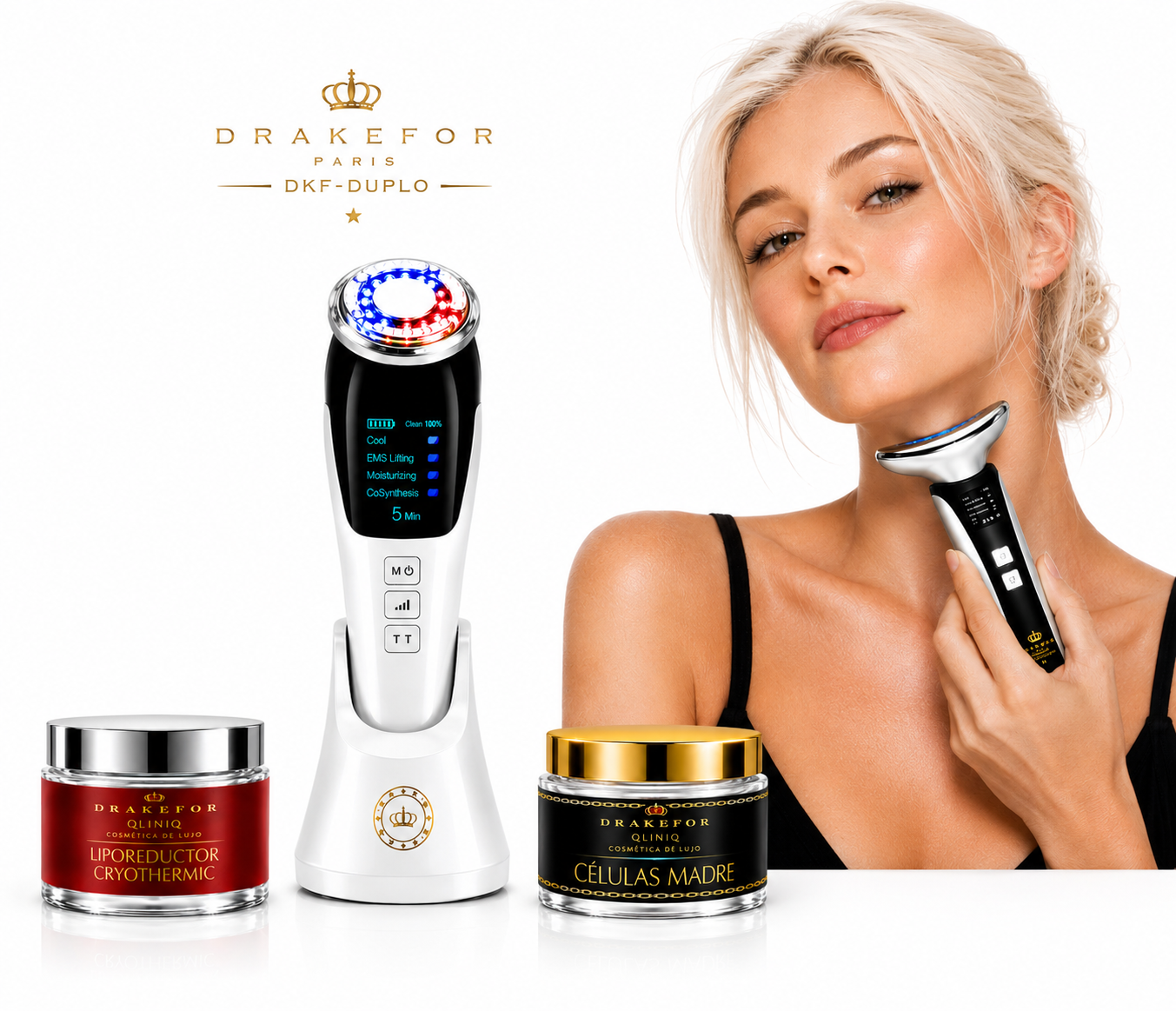 Lote 4 pz Rejuvenecedor Facial y Retensador de Cuello EMS + Iones + Fototerapia + Cremas Drakefor DKF-QLINIQ DUPLO