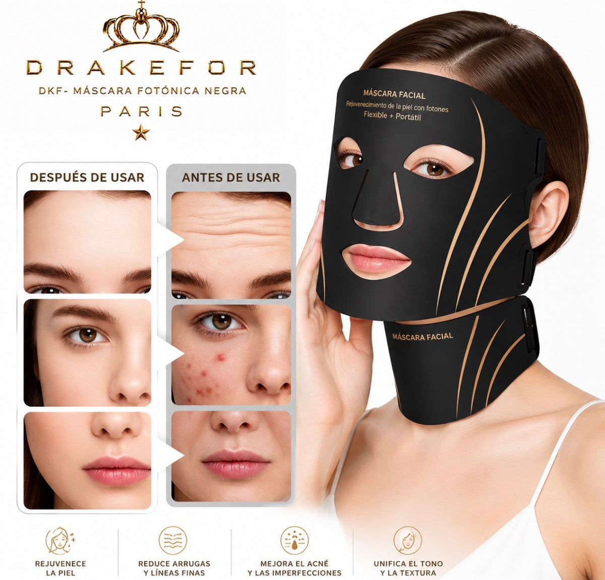 Máscara Fotónica LED de 7 Colores para Rostro y Cuello Drakefor