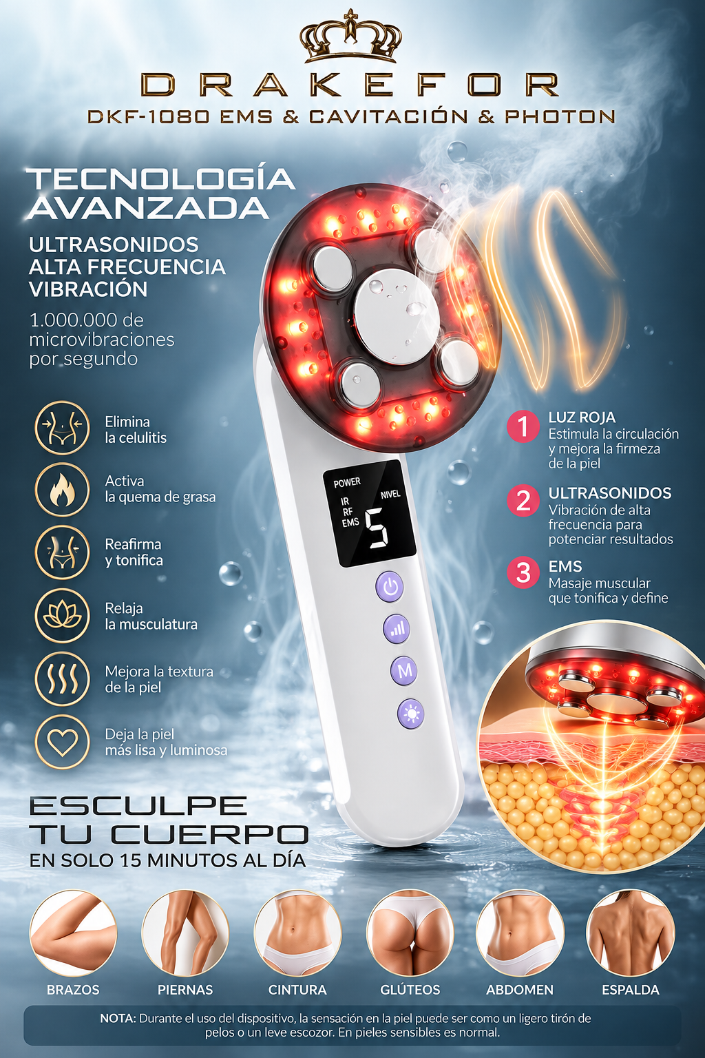Drakefor DKF-1080 | Cuidado Corporal con Ultrasonidos, EMS y LED