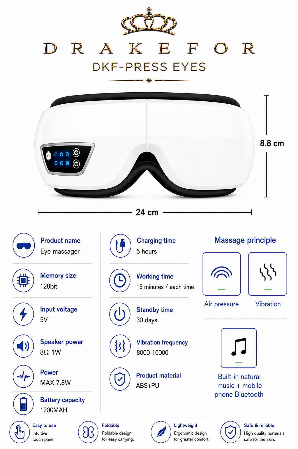 DKF-MASK PRESS IA relaxation glasses for facial-eye pressotherapy, Bluetooth music and Drakefor heat