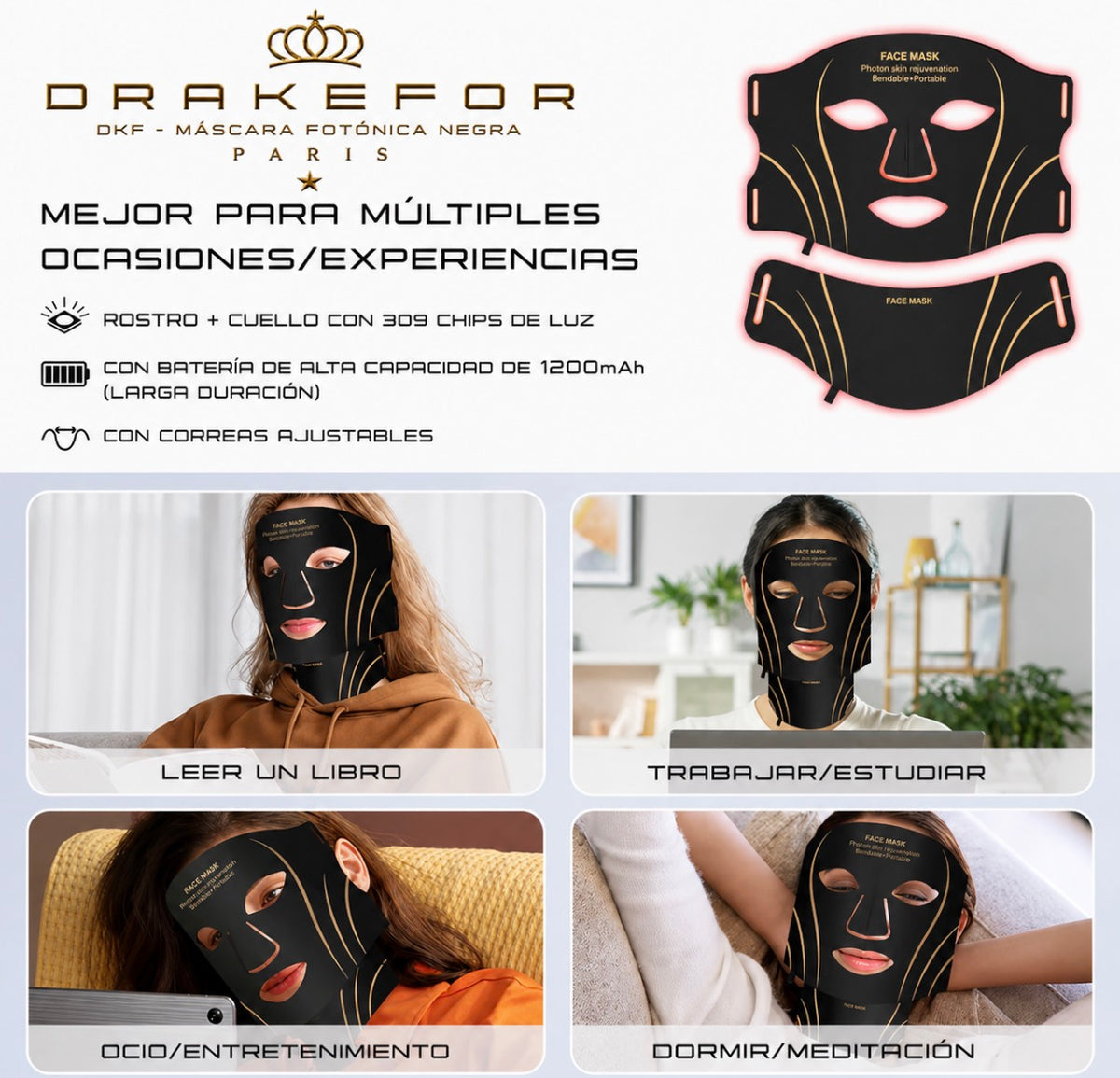 Máscara Fotónica LED de 7 Colores para Rostro y Cuello Drakefor