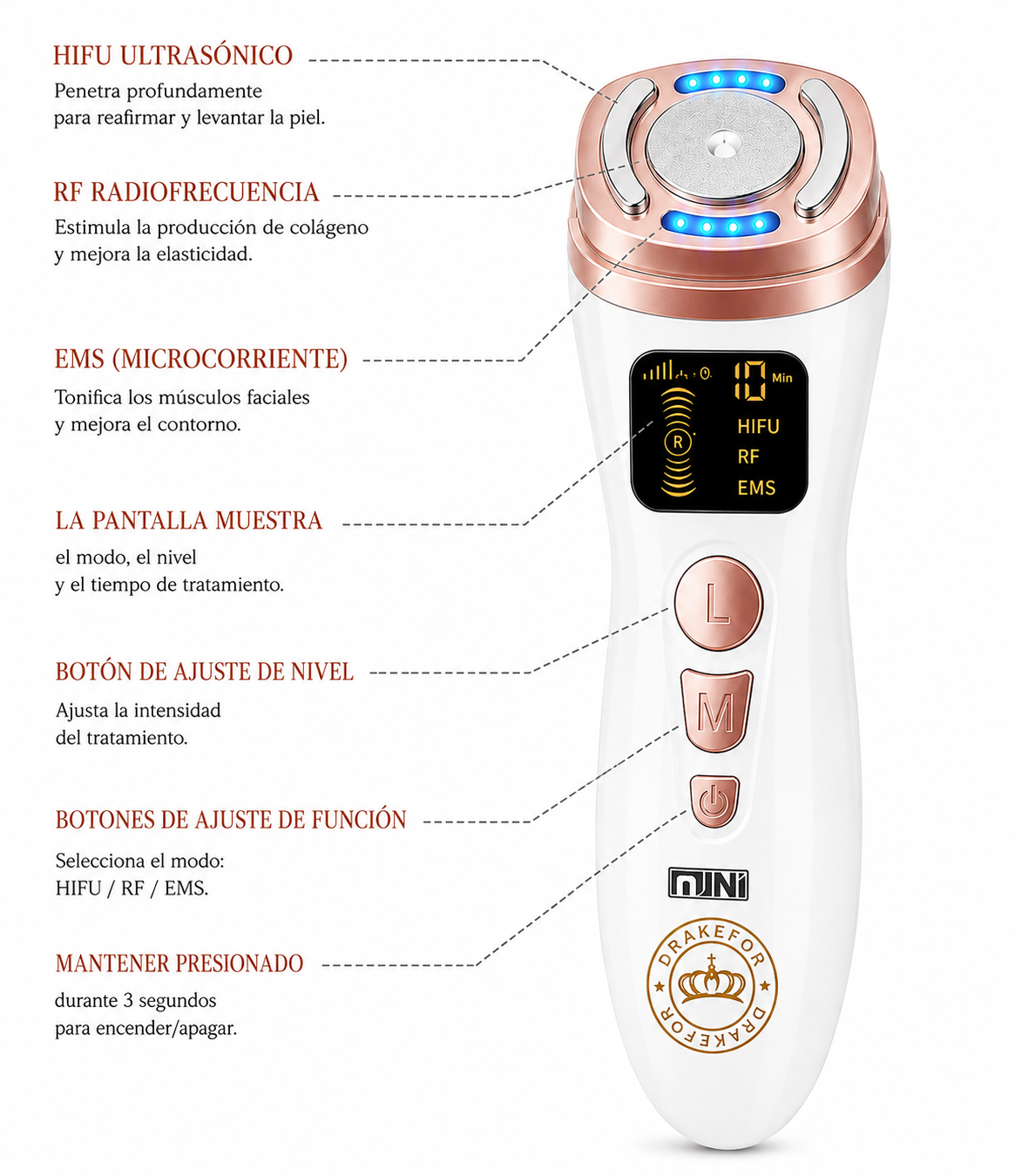Dispositivo HIFU + RF + EMS Rejuvenecedor Facial Drakefor DKF-MINI HIFU RF LIGHT THERAPY HOME