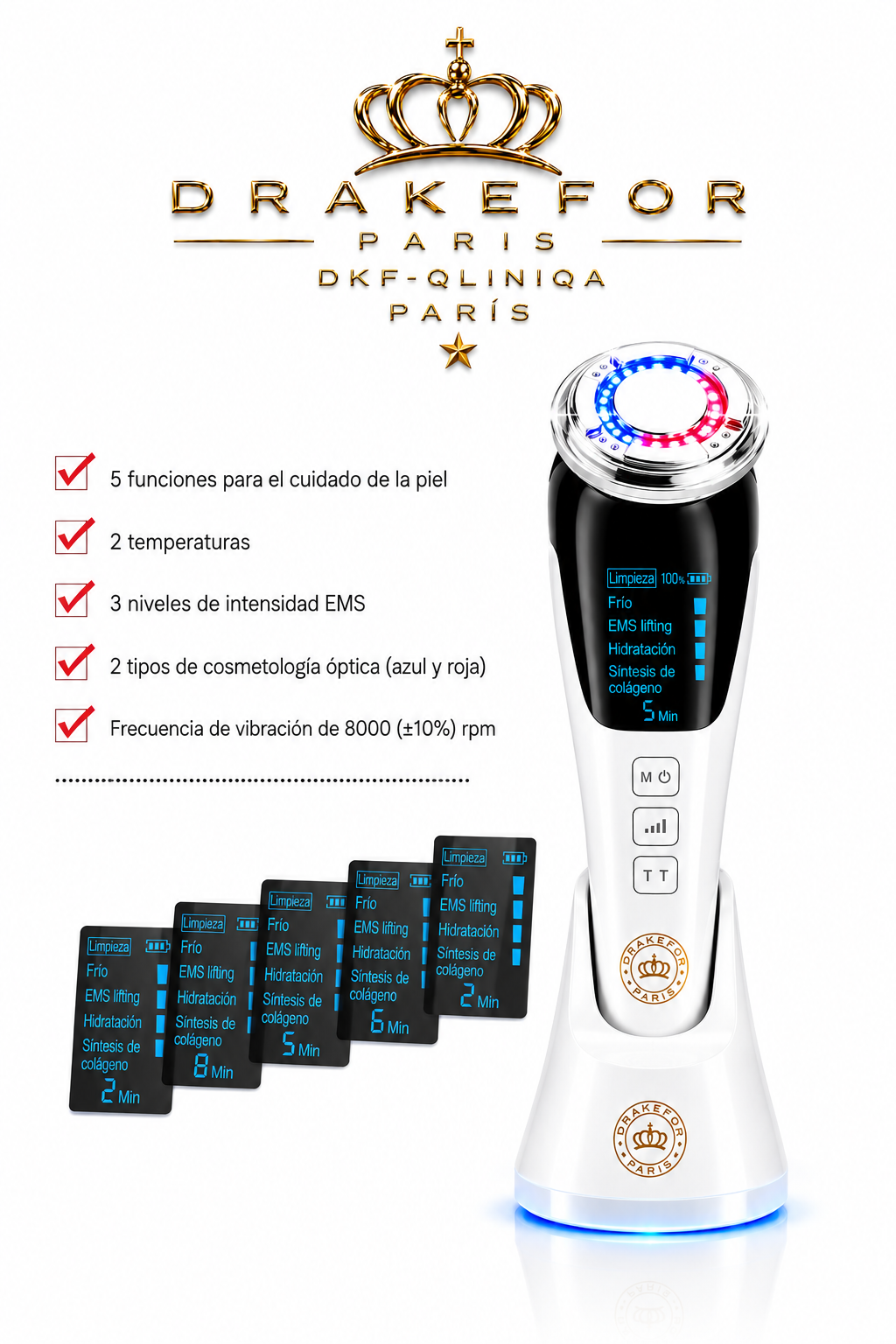 Lote 3 pz Drakefor DKF-QLINIQ A | Reestructurador Facial EMS + Iones + Fototerapia + Cremas Premium