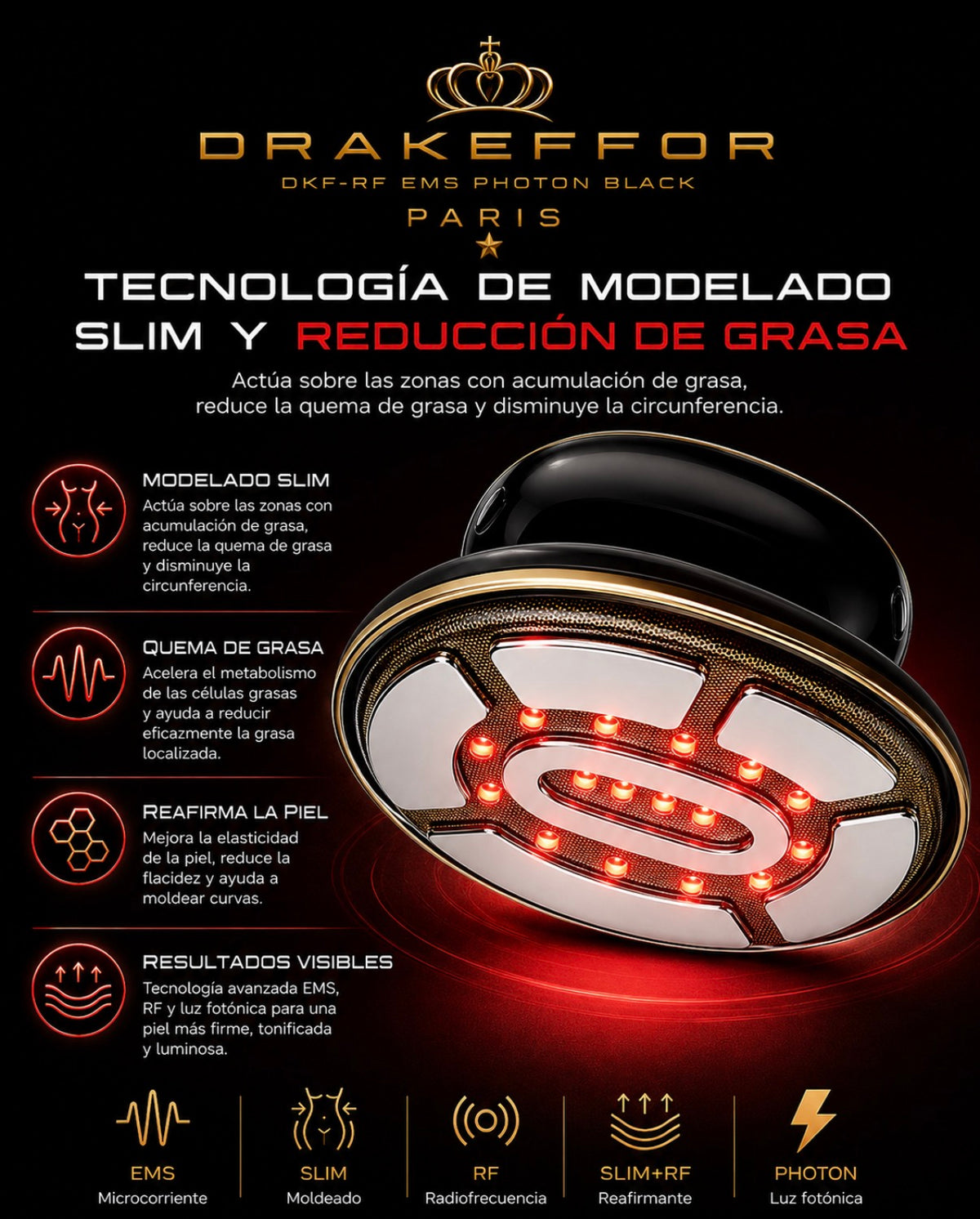 Dispositivo de modelado y reductor de grasa DKF-RF EMS Photon Black Paris
