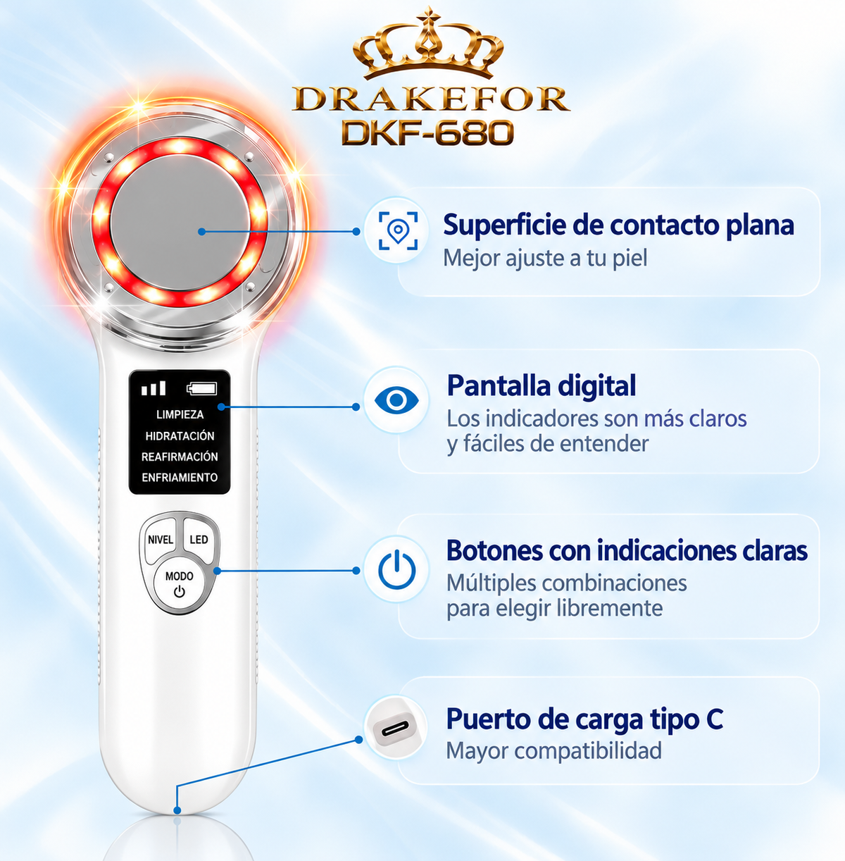 Dispositivo facial 5 en 1 con EMS y LED Drakefor DKF-680 |