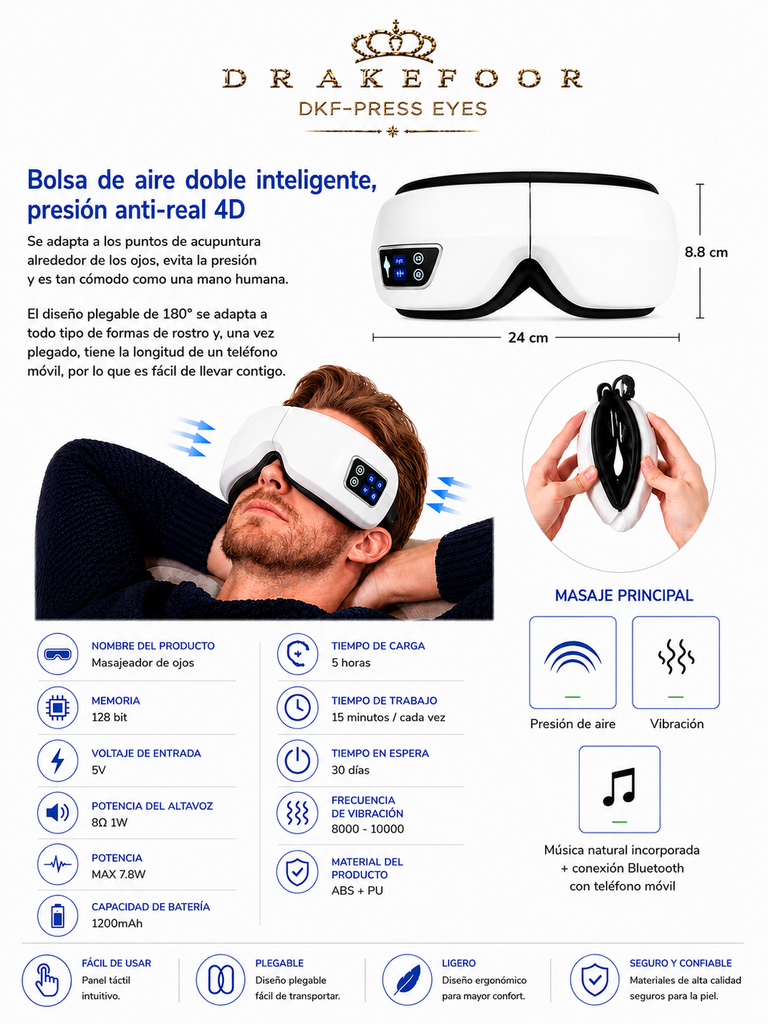 DKF-MASK PRESS IA relaxation glasses for facial-eye pressotherapy, Bluetooth music and Drakefor heat