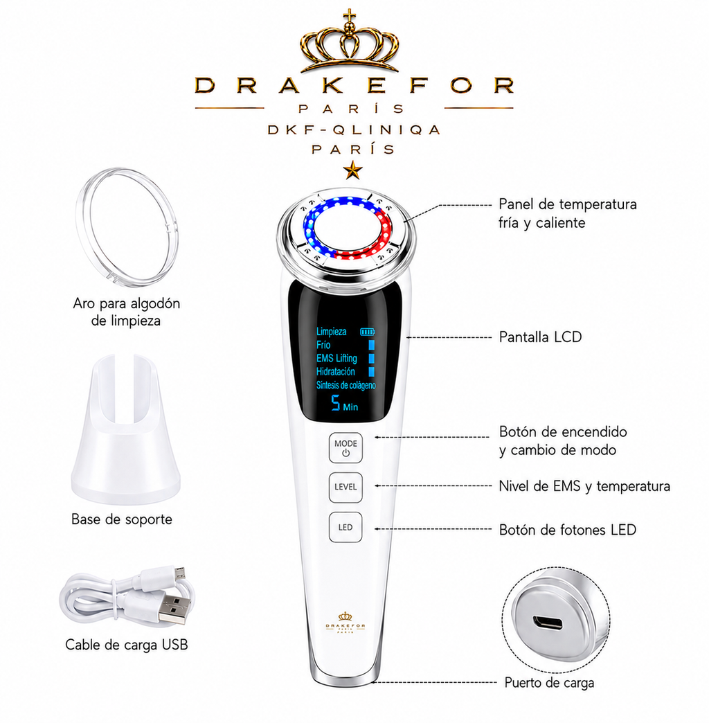 Lote 3 pz Drakefor DKF-QLINIQ A | Reestructurador Facial EMS + Iones + Fototerapia + Cremas Premium