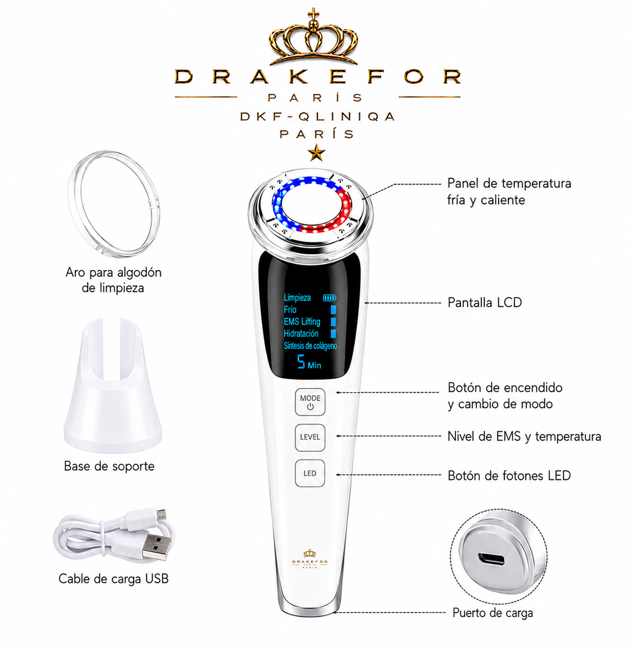 Lote 3 pz Drakefor DKF-QLINIQ A | Reestructurador Facial EMS + Iones + Fototerapia + Cremas Premium