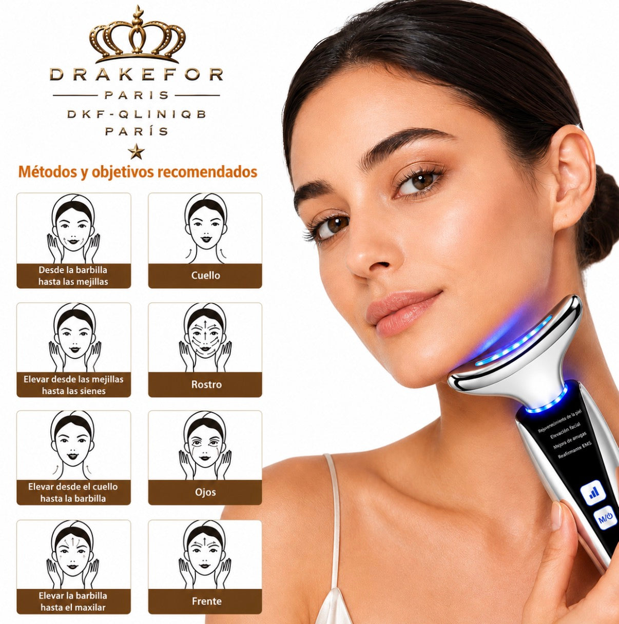 Lote 4 pz Rejuvenecedor Facial y Retensador de Cuello EMS + Iones + Fototerapia + Cremas Drakefor DKF-QLINIQ DUPLO