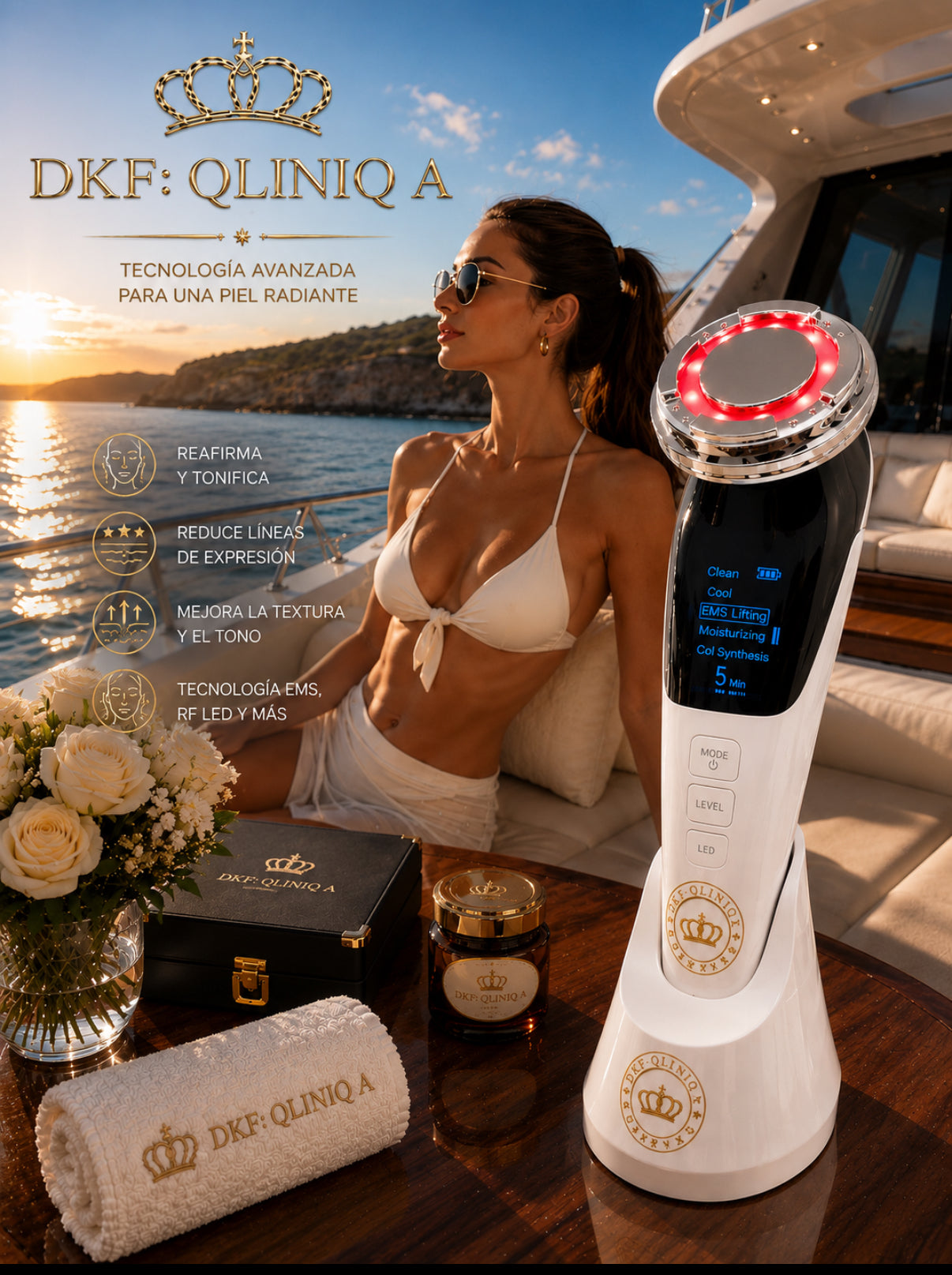 Lote 3 pz Drakefor DKF-QLINIQ A | Reestructurador Facial EMS + Iones + Fototerapia + Cremas Premium