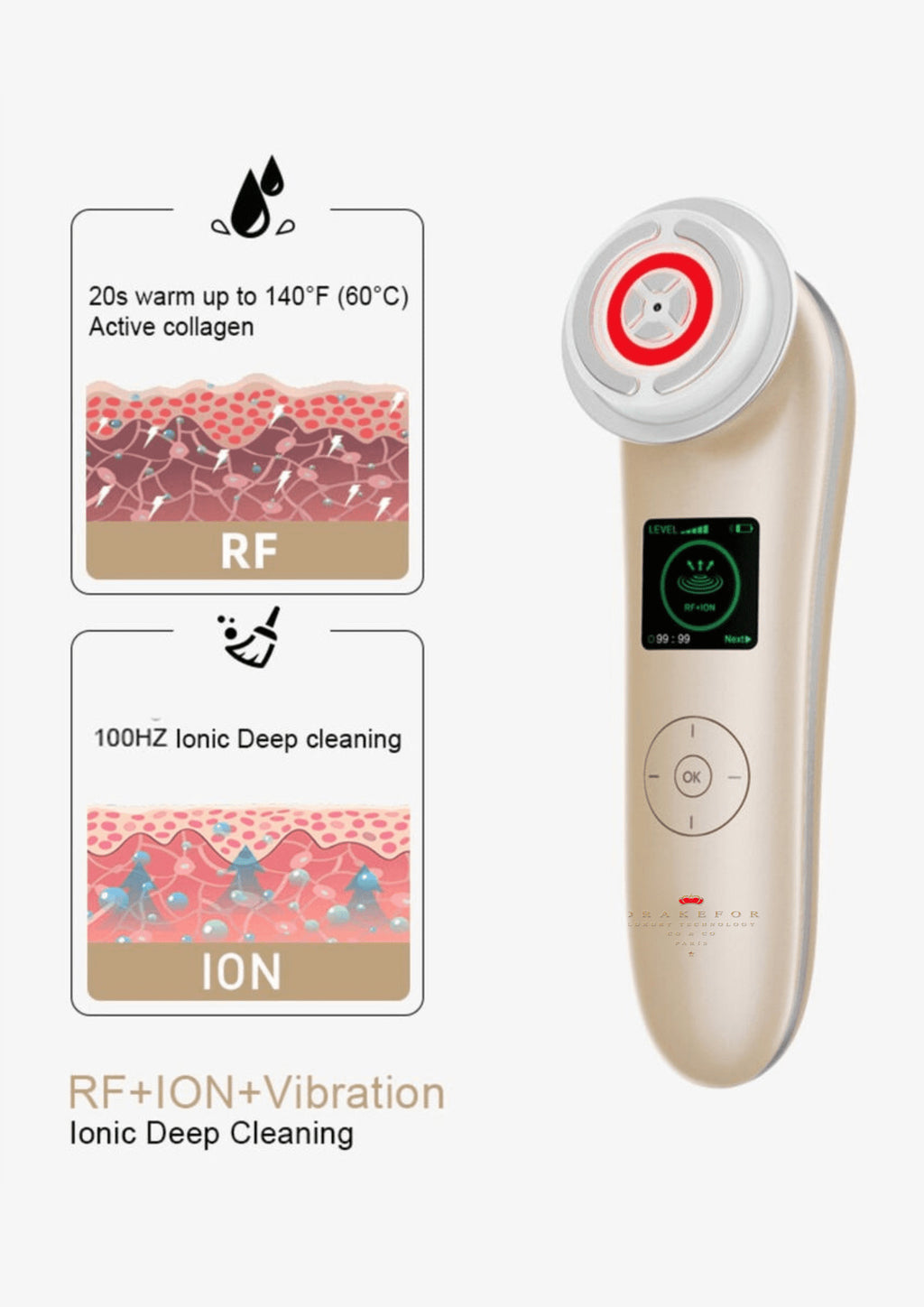 Dispositivo multifunción facial y corporal de belleza extrema por radio frecuencia Drakefor DKF-NANOSKIN INTELIGENT GOLD & APP