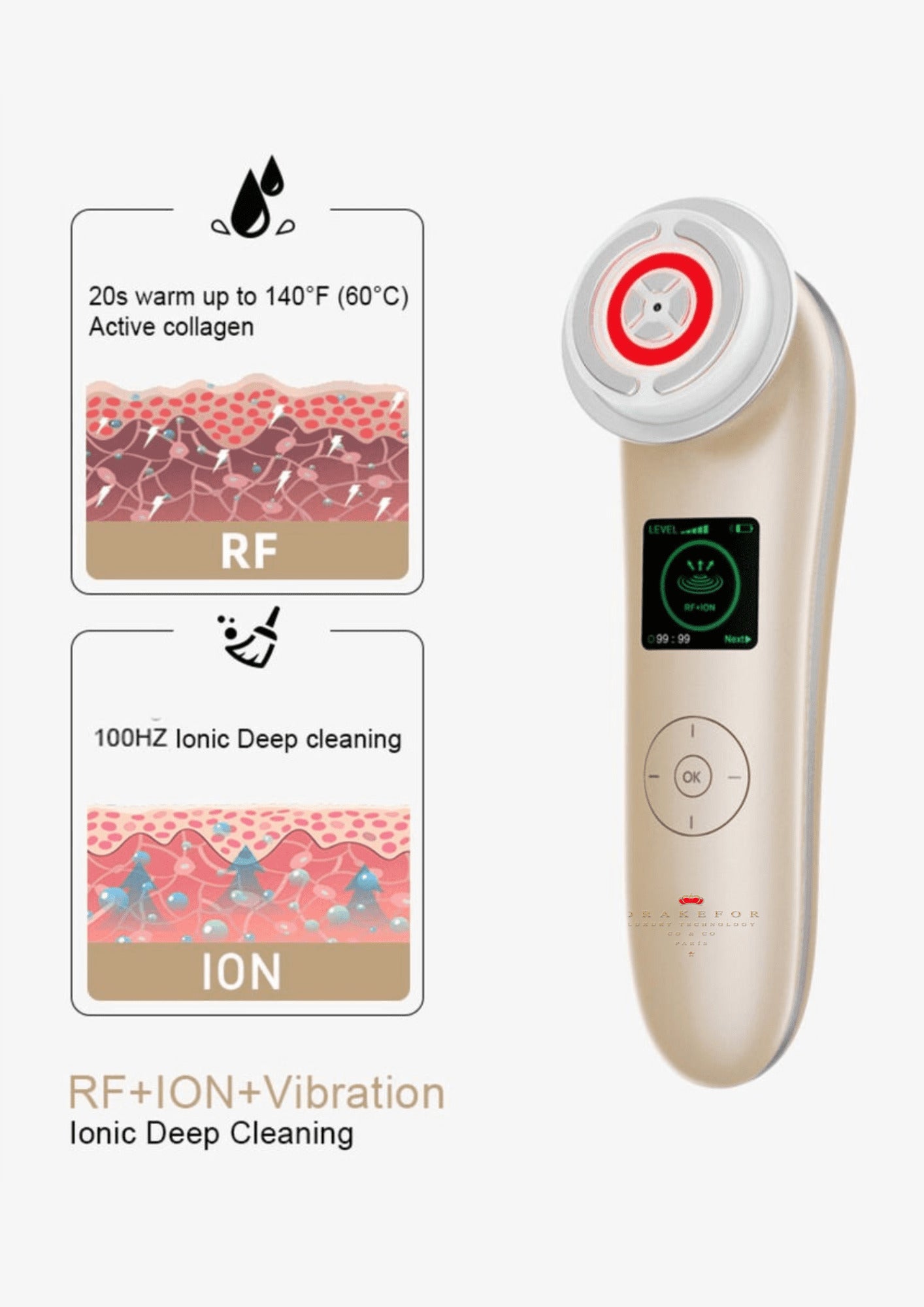 Dispositivo multifunción facial y corporal de belleza extrema por radio frecuencia Drakefor DKF-NANOSKIN INTELIGENT GOLD & APP