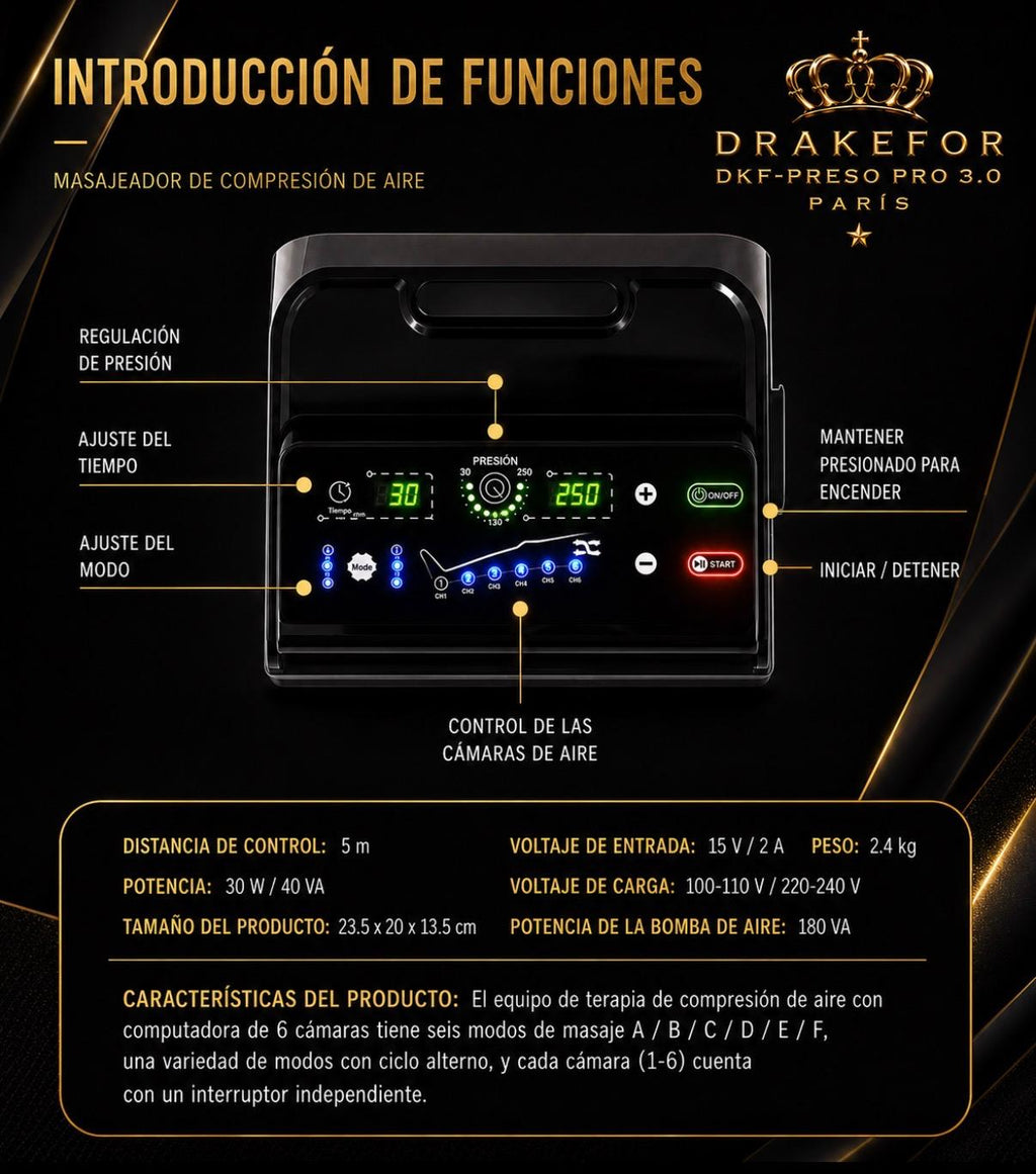 Dispositivo de presoterapia profesional DKF-PRESOTERAPIA PRO 3.0 con mando adistancia Drakefor