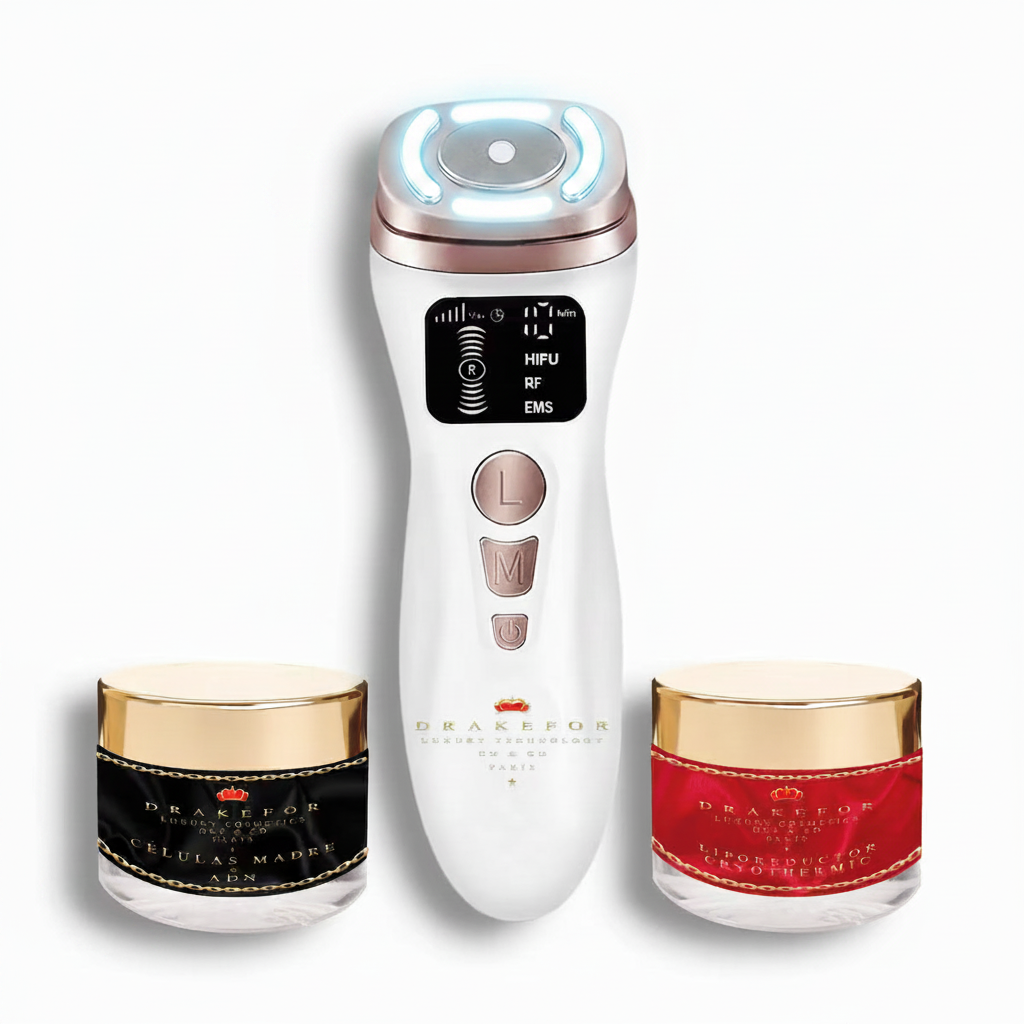 Pack 3 piezas Drakefor DKF-MINI HIFU RF – dispositivo y cremas células madre fondo blanco