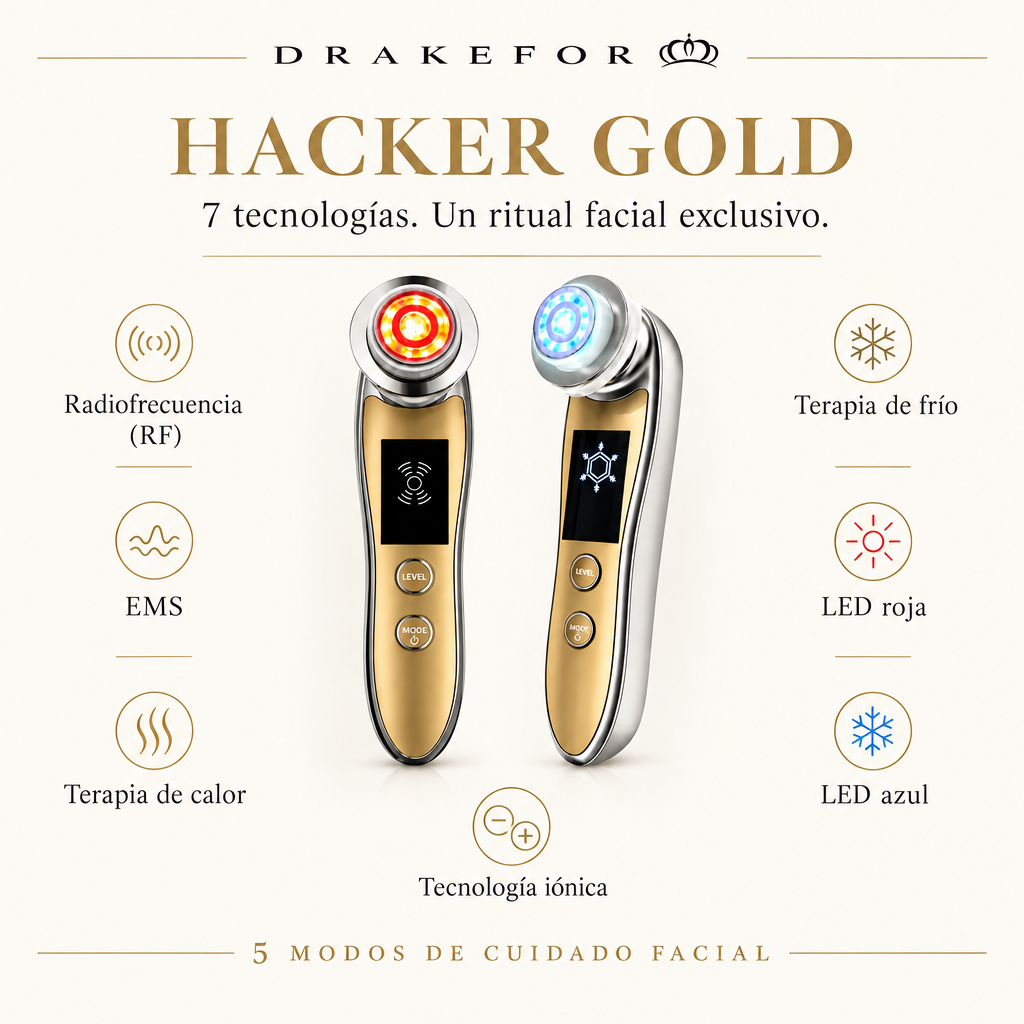 Dispositivo facial Hacker Gold de Drakefor y sus siete tecnologías: radiofrecuencia, EMS, calor, frío, LED roja, LED azul e iones.