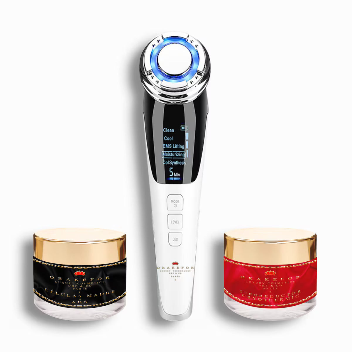 Lote 3 pz Drakefor DKF-QLINIQ A | Reestructurador Facial EMS + Iones + Fototerapia + Cremas Premium
